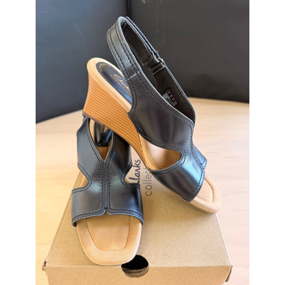 Clarks Kyarra Aster Black Leather Wedge Sandals Slingback Comfort 8.5M 26171234